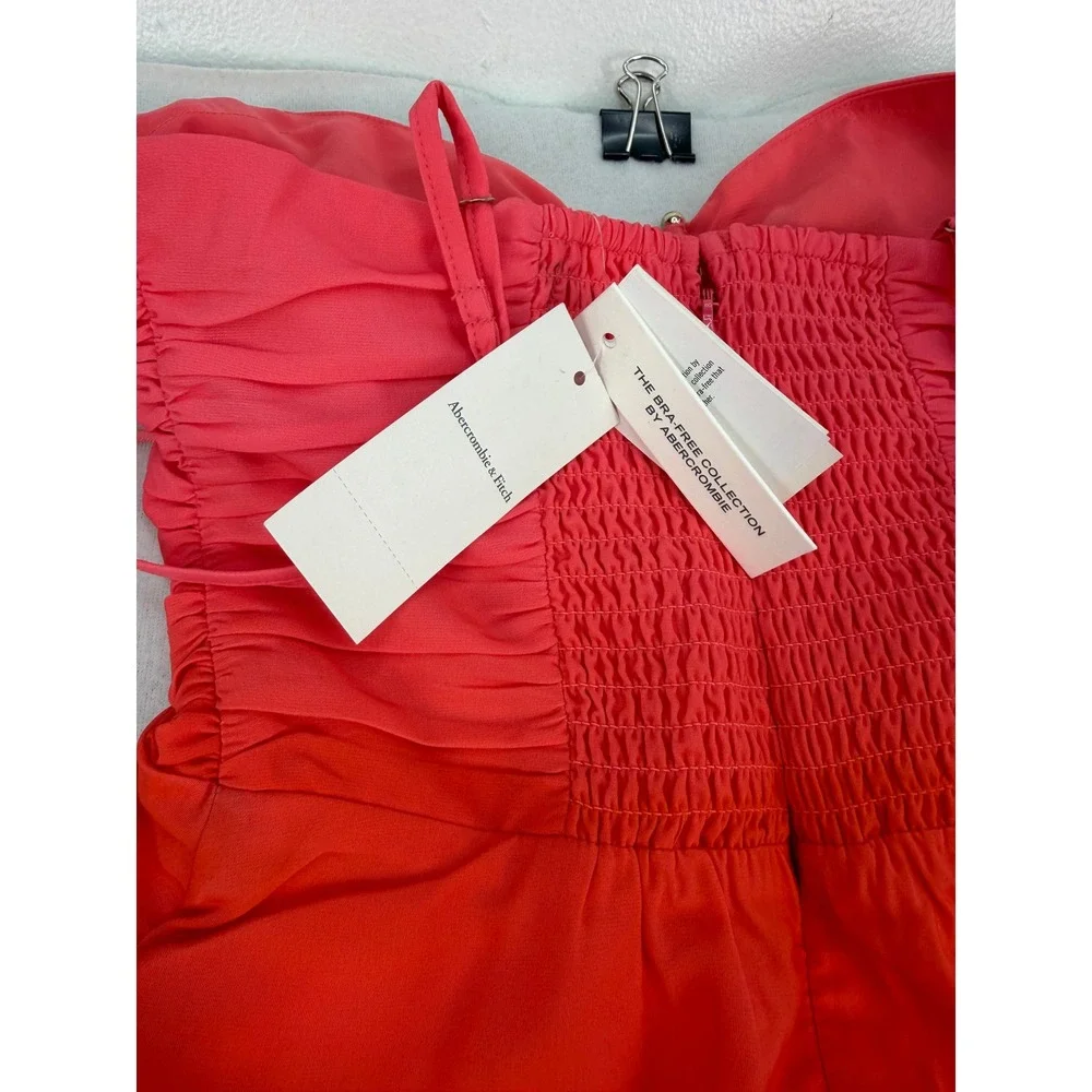 Abercrombie & Fitch Pink Red Colorblock Ruched Chiffon Maxi Dress XS NEW